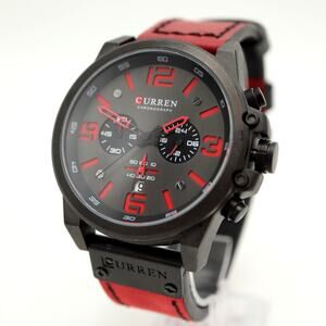 Curren Black Red Jumbo 48mm Chronograph Watch Genuine Leather w New Battery